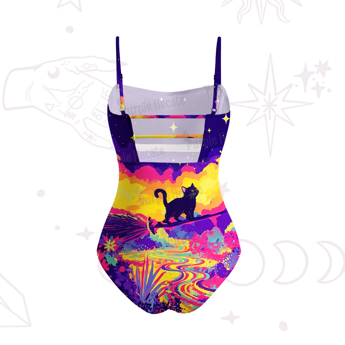 Purplehecate Midnight Cosmic Cat Fantasy Slim-Strap Swimsuit