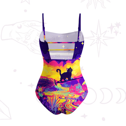 Purplehecate Midnight Cosmic Cat Fantasy Slim-Strap Swimsuit