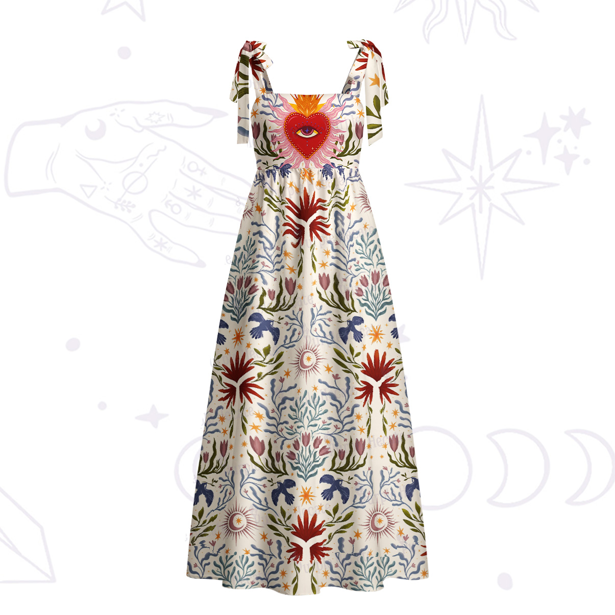 Purplehecate Sacred Flame Hear Tie Shoulder Maxi Dress
