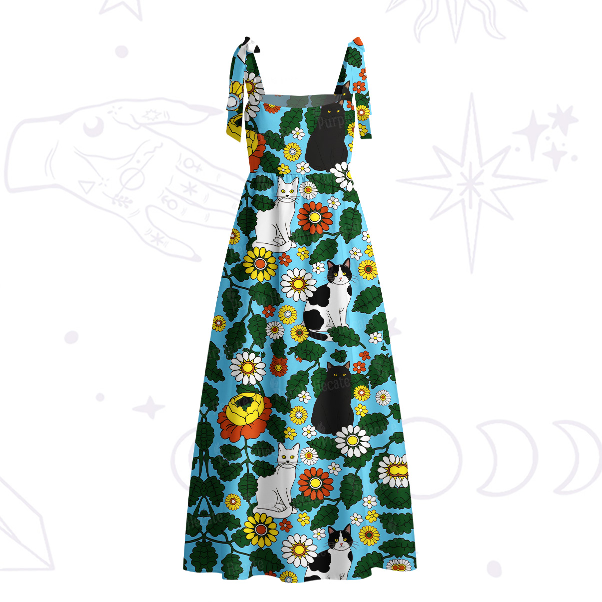 Purplehecate Daisy Cat  Garden Tie Shoulder Maxi Dress