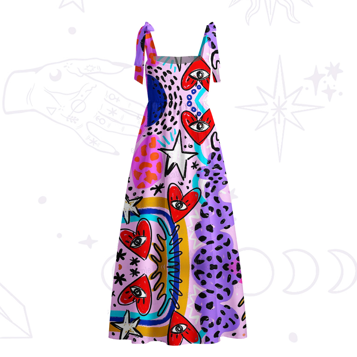 Purplehecate Cosmic Love Eyes Graffiti Tie Shoulder Maxi Dress