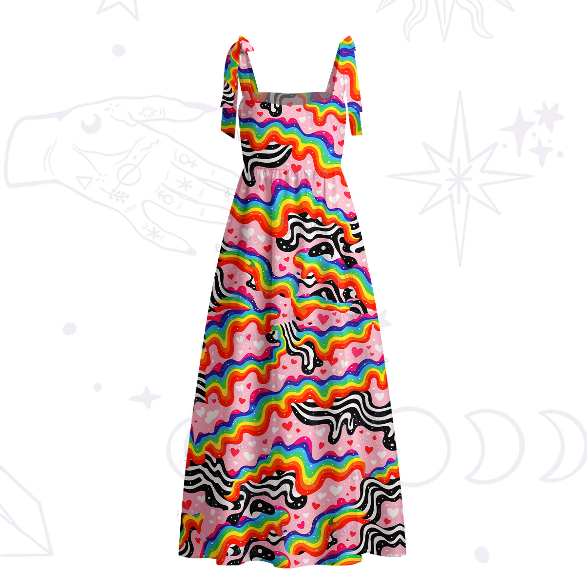 Purplehecate Groovy Melty Rainbow Hearts Wavy Tie Shoulder Maxi Dress