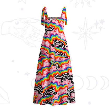 Purplehecate Groovy Melty Rainbow Hearts Wavy Tie Shoulder Maxi Dress