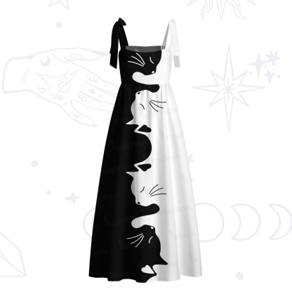Purplehecate Yin Yang Cat Lover Tie Shoulder Maxi Dress