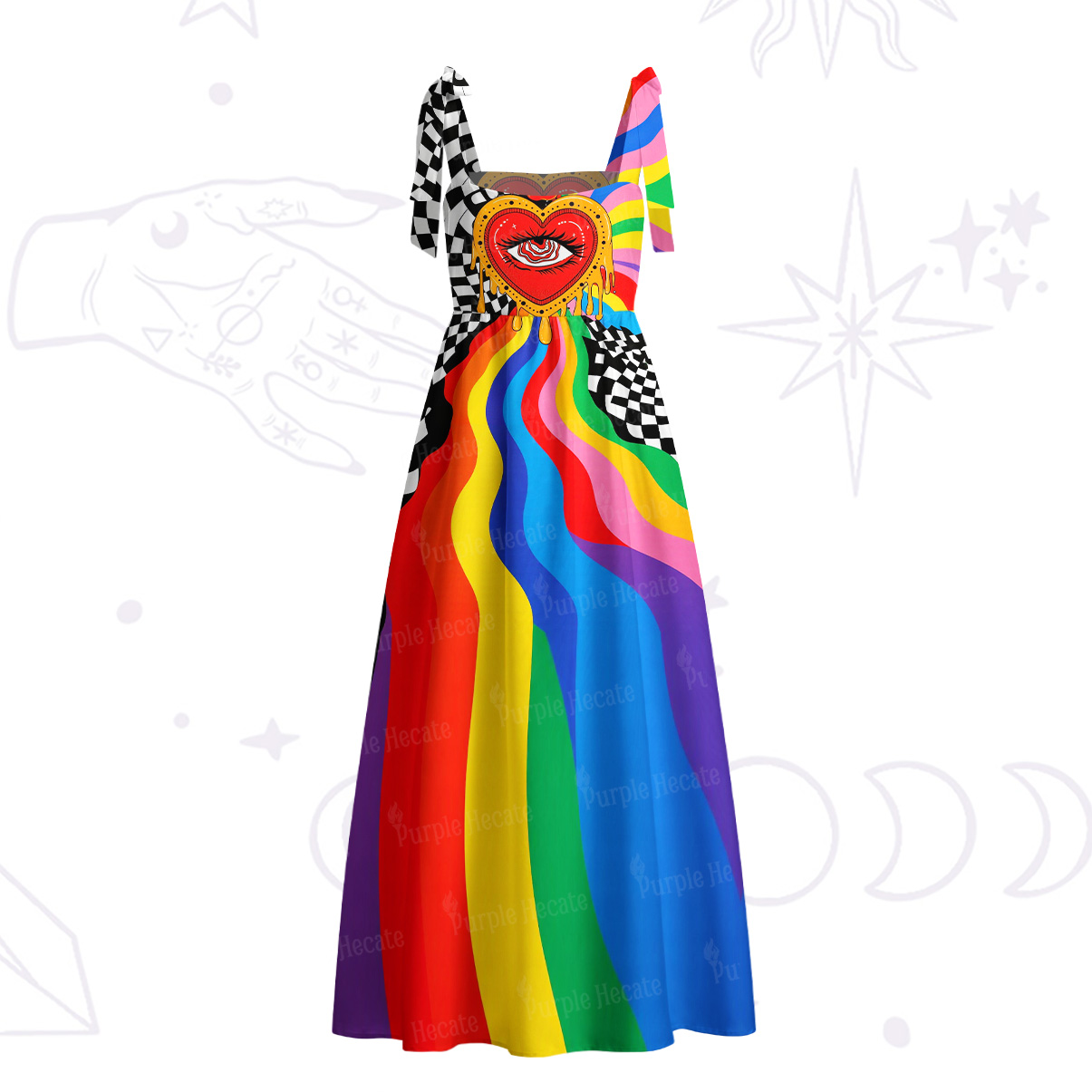 Purplehecate Trippy Rainbow Heart Eye Tie Shoulder Maxi Dress