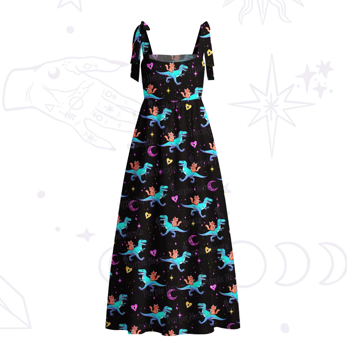 Purplehecate Witch Cat Rides the Dino Tie Shoulder Maxi Dress
