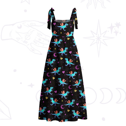 Purplehecate Witch Cat Rides the Dino Tie Shoulder Maxi Dress