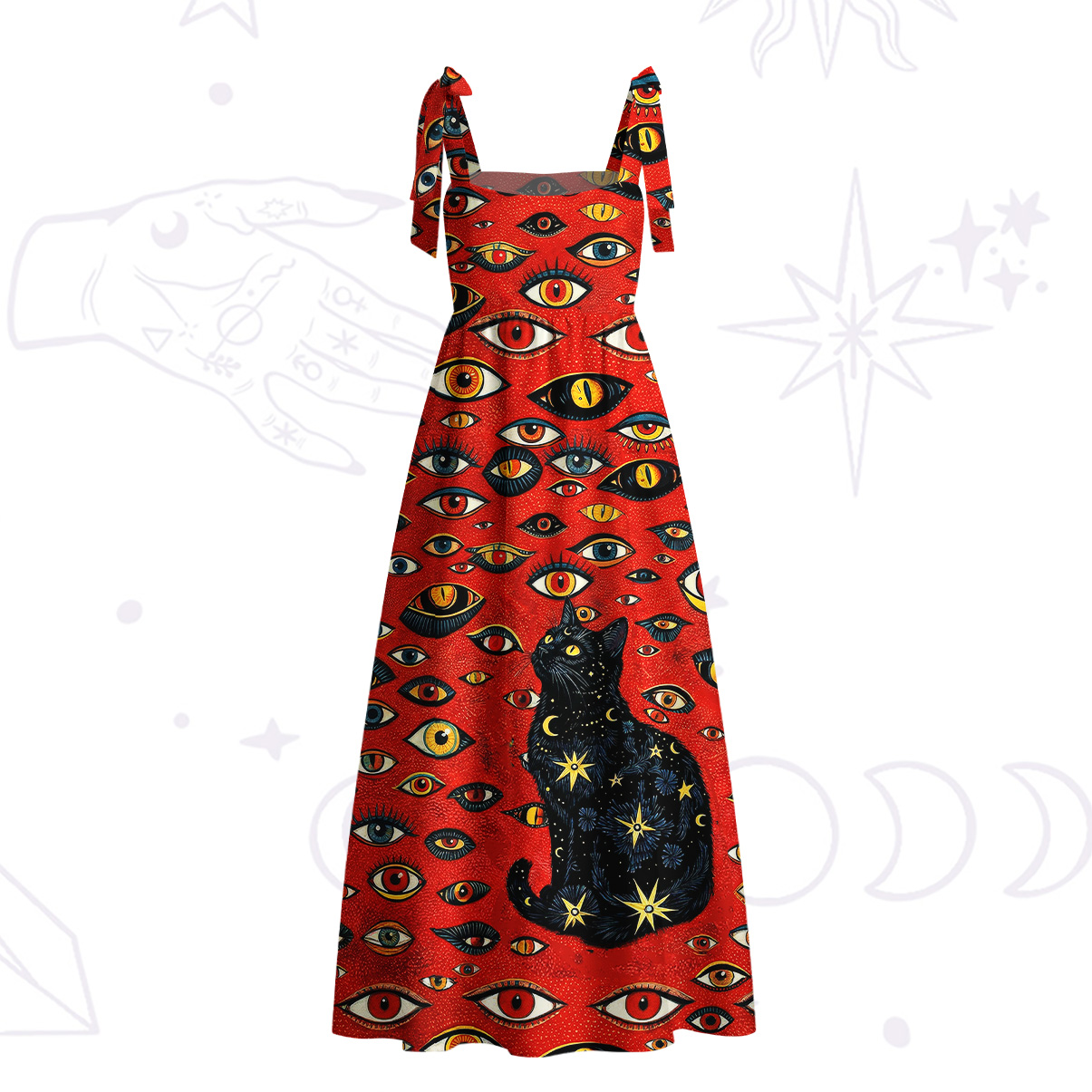 Purplehecate Cosmic Watcher Cat Tie Shoulder Maxi Dress