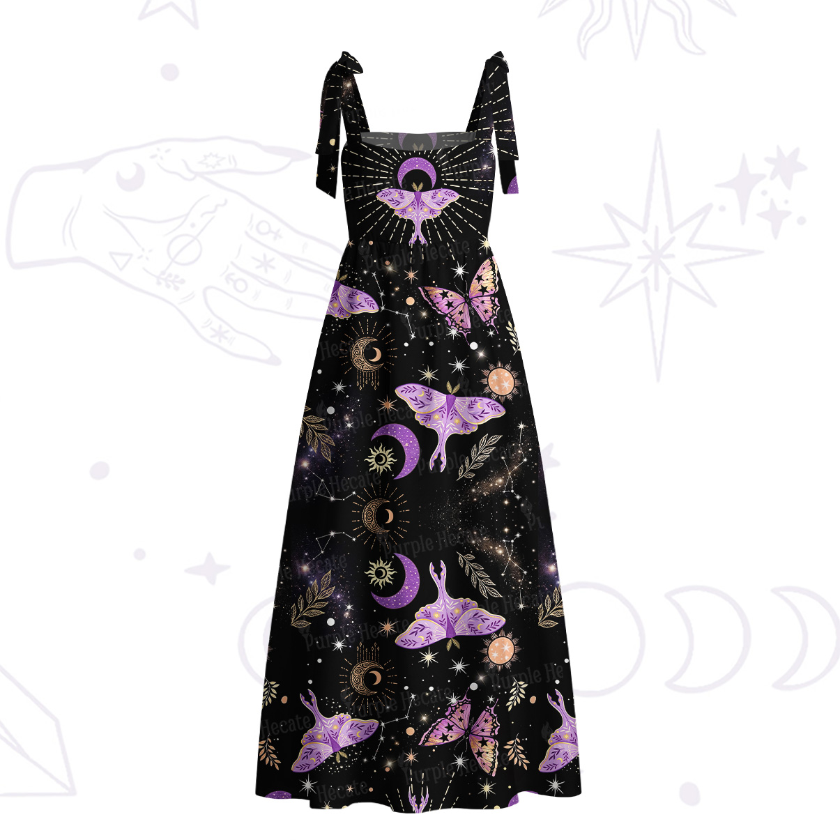Purplehecate Starry Night Lunar Moth Tie Shoulder Maxi Dress