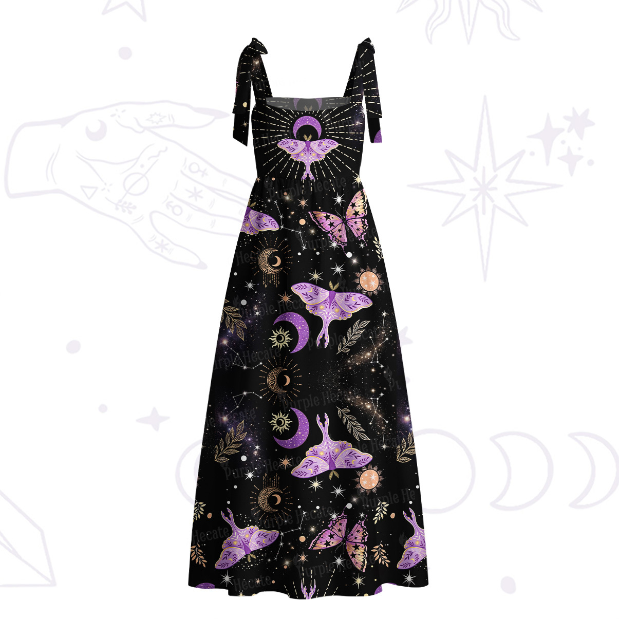 Purplehecate Starry Night Lunar Moth Tie Shoulder Maxi Dress