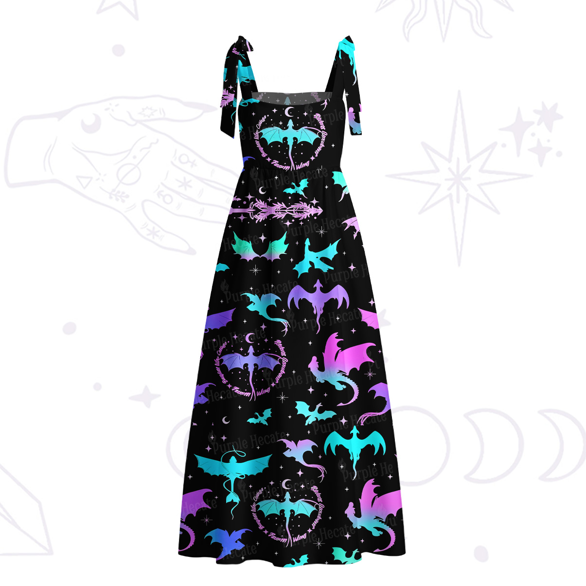 Purplehecate Neon Fantasy Dragon Allover Tie Shoulder Maxi Dress