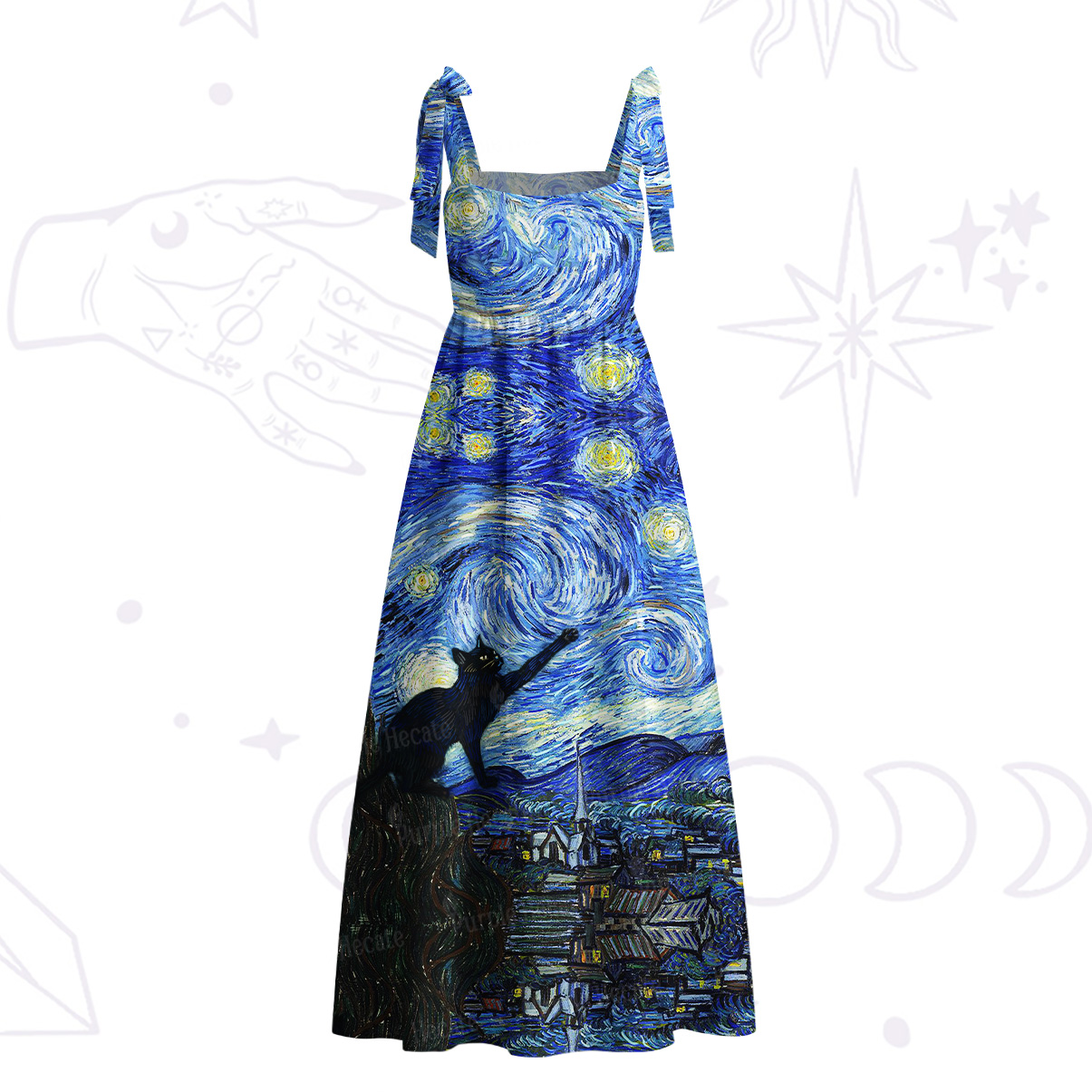Purplehecate Witch Cat Under the Starry Night Tie Shoulder Maxi Dress