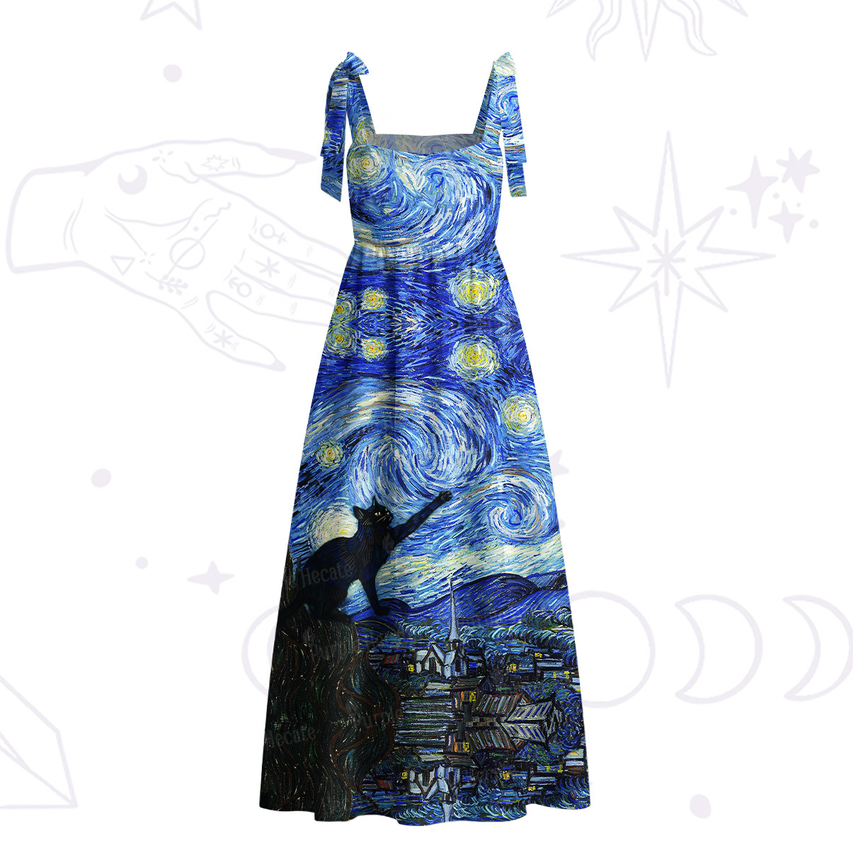 Purplehecate Witch Cat Under the Starry Night Tie Shoulder Maxi Dress