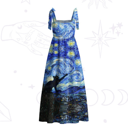 Purplehecate Witch Cat Under the Starry Night Tie Shoulder Maxi Dress