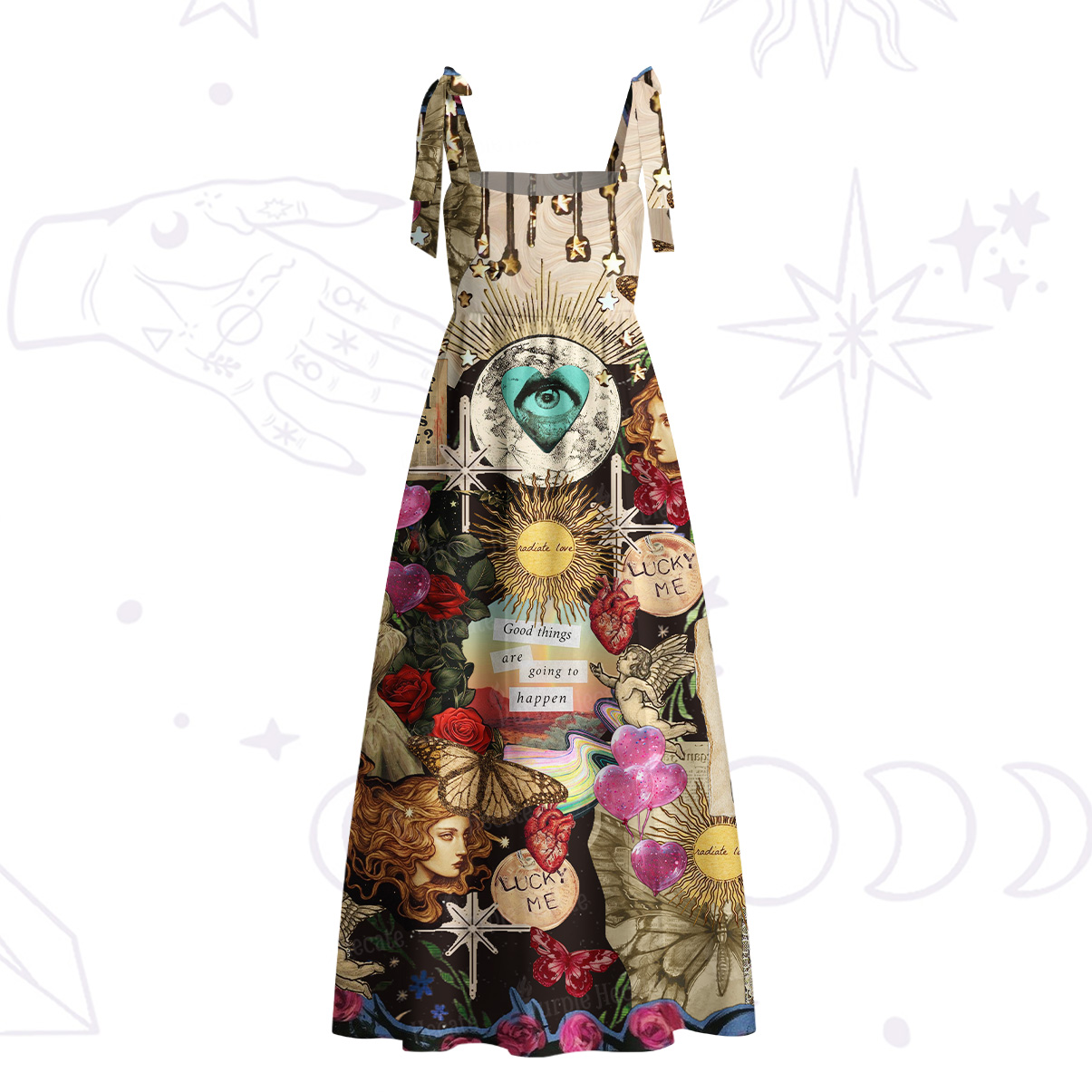 Purplehecate Lucky Me Sacred Heart Eye Tie Shoulder Maxi Dress
