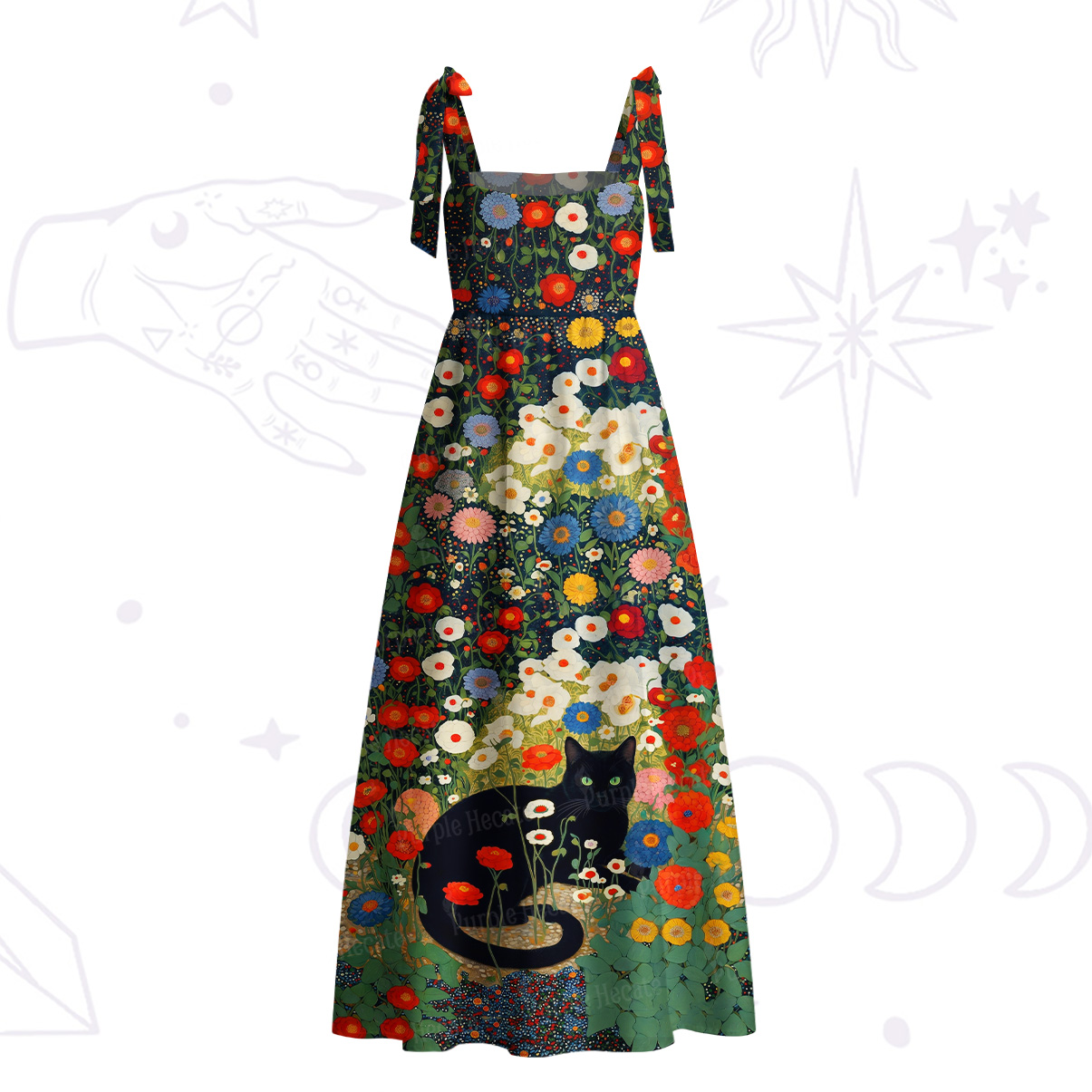 Purplehecate Vintage The Cat in Bloom Tie Shoulder Maxi Dress