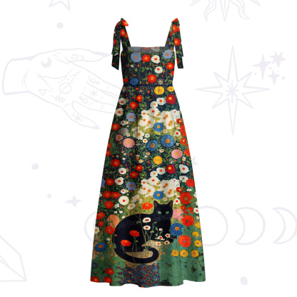Purplehecate Vintage The Cat in Bloom Tie Shoulder Maxi Dress