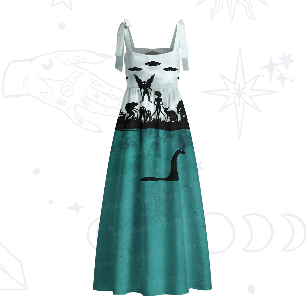 Purplehecate Starlit Cats & Butterflies Tie Shoulder Maxi Dress