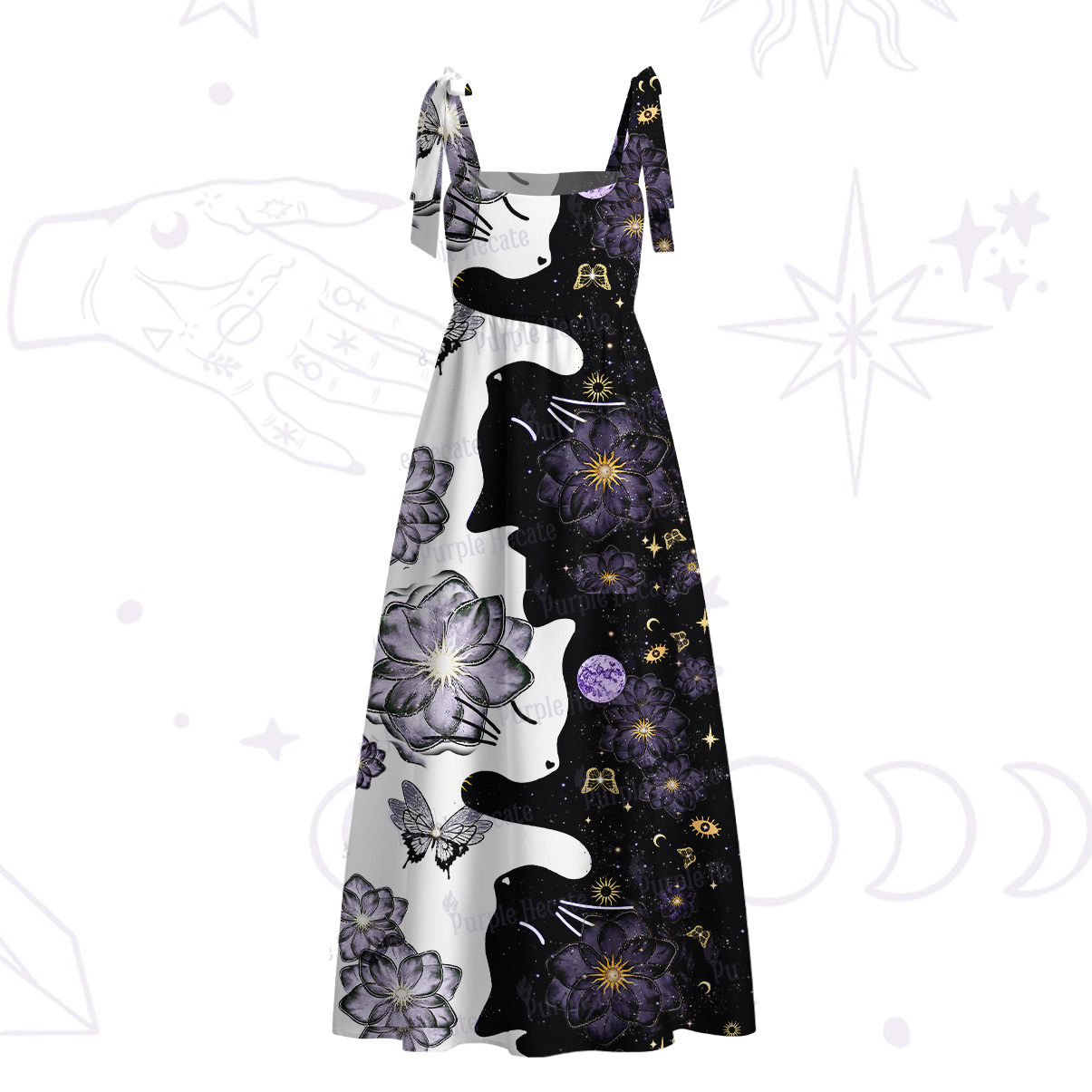 Purplehecate Starlit Cats & Butterflies Tie Shoulder Maxi Dress