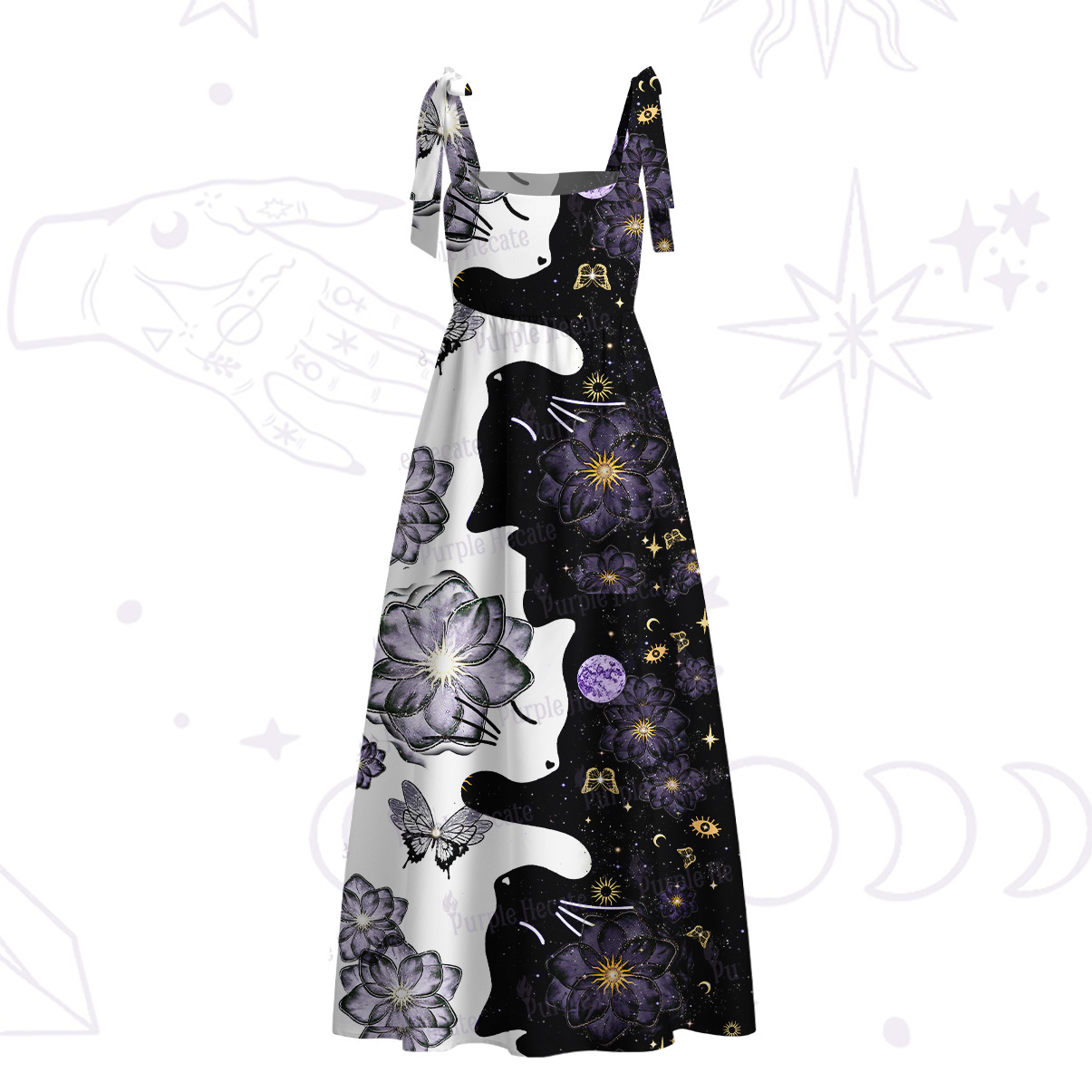 Purplehecate Starlit Cats & Butterflies Tie Shoulder Maxi Dress