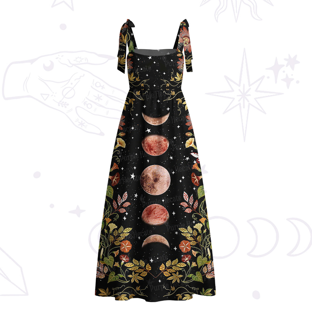 Purplehecate Moon Phase Floral Tie Shoulder Maxi Dress
