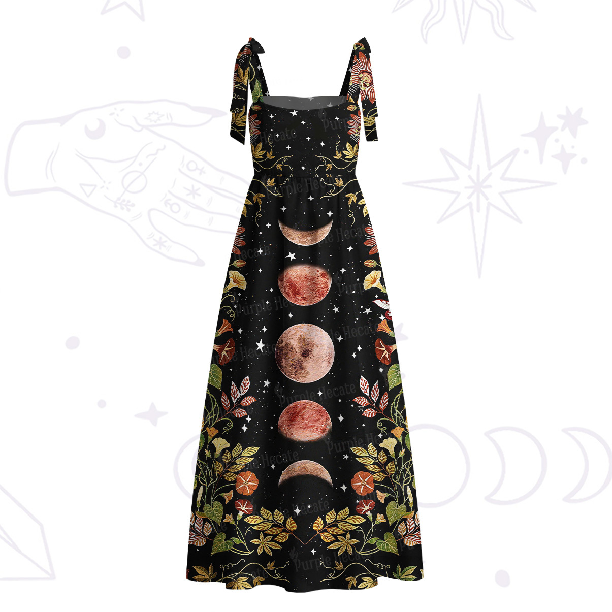 Purplehecate Moon Phase Floral Tie Shoulder Maxi Dress