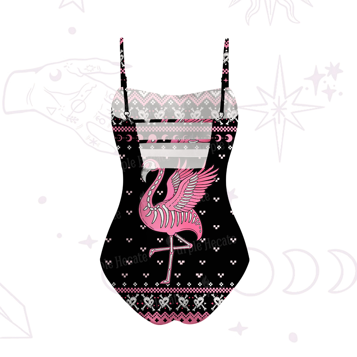 Purplehecate Witchy Pink Flamingo Skull Slim-Strap Swimsuit