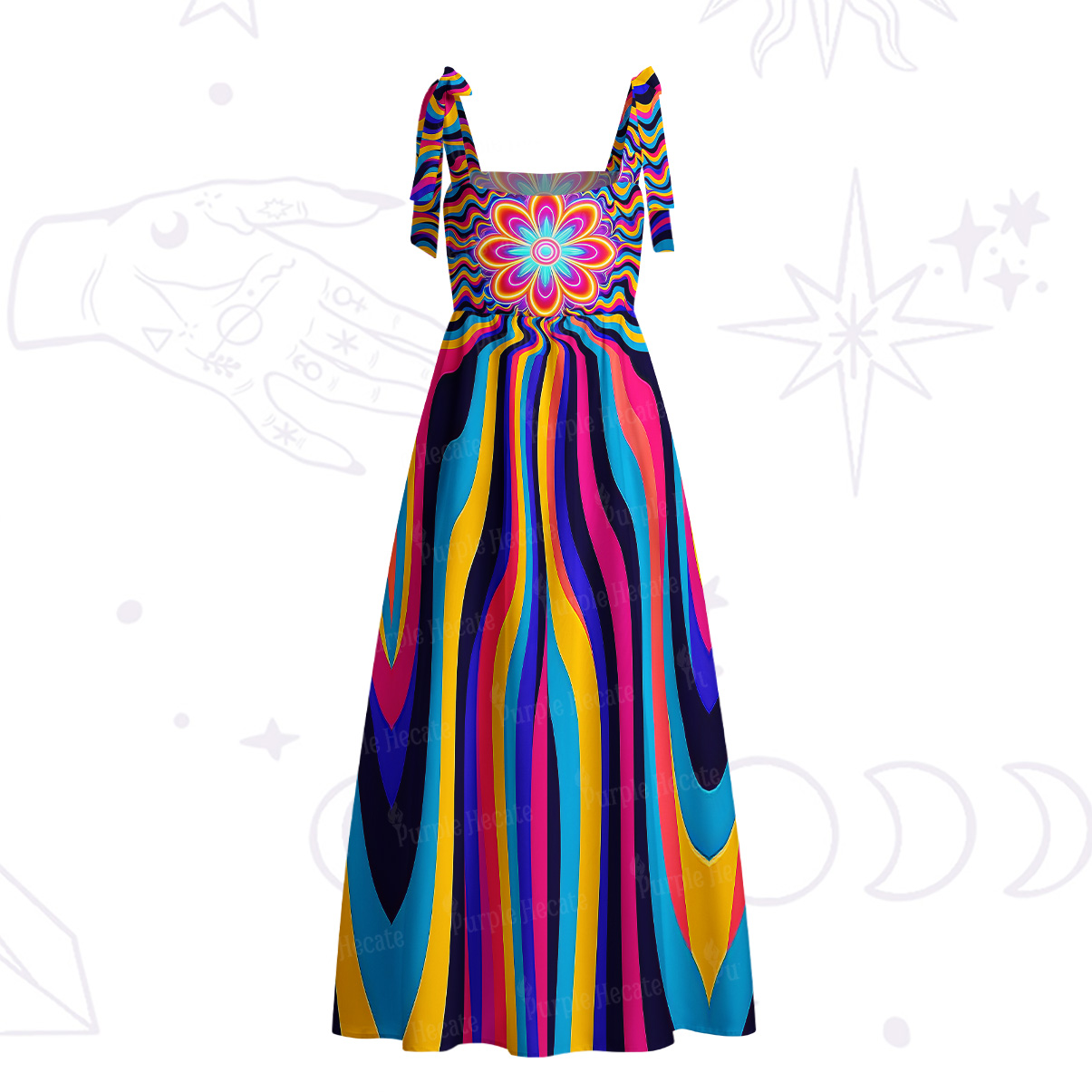 Purplehecate Psychedelic Bloom Tie Shoulder Maxi Dress