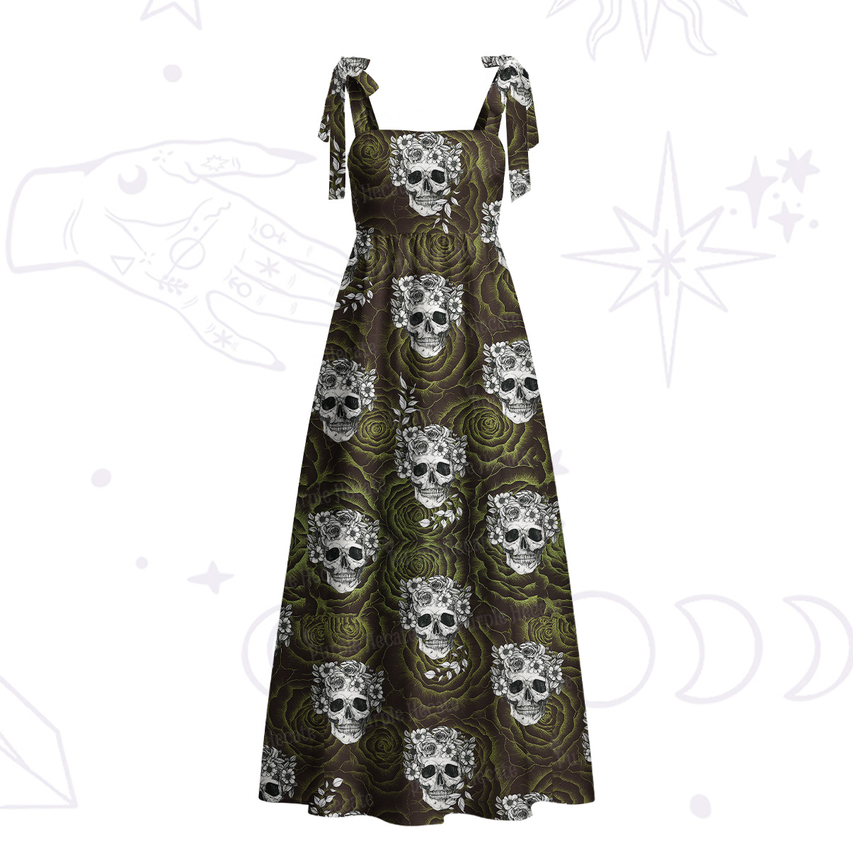 Purplehecate Rose Skull Tie Shoulder Maxi Dress