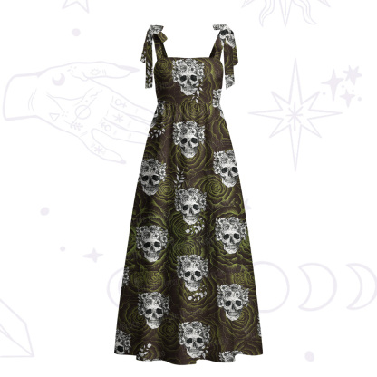 Purplehecate Rose Skull Tie Shoulder Maxi Dress