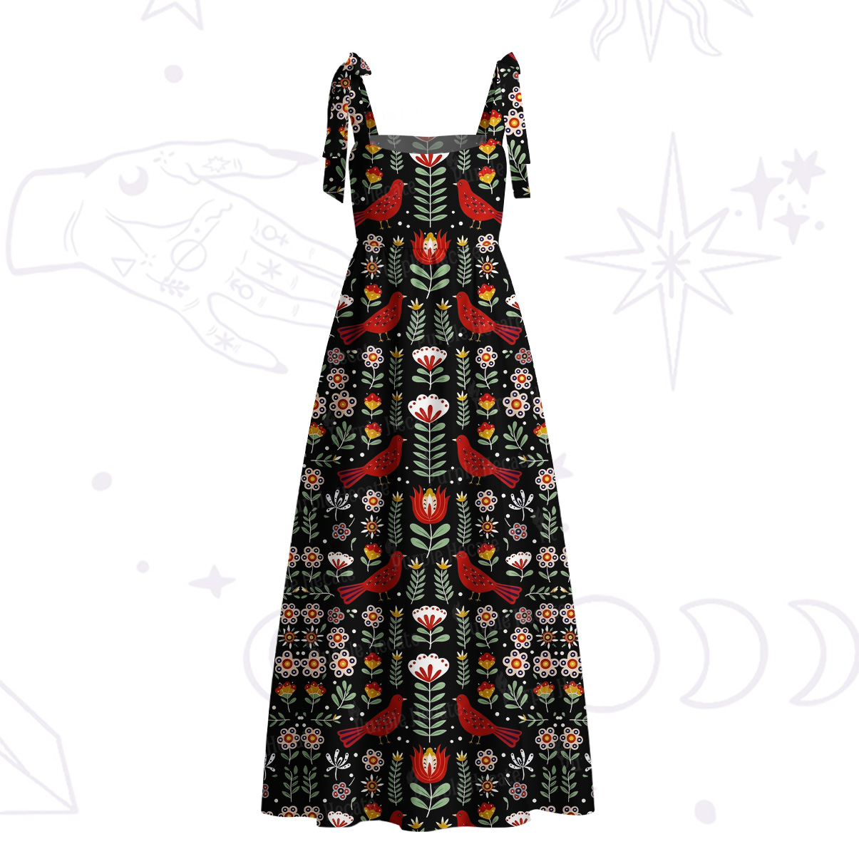 Purplehecate Mystic Forest Bird Tie Shoulder Maxi Dress