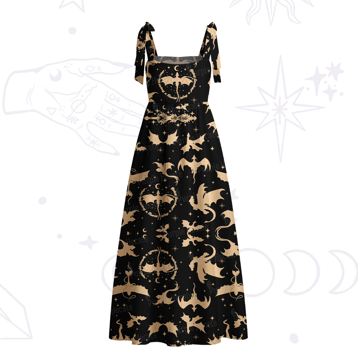 Purplehecate Fantasy Dragon Allover Tie Shoulder Maxi Dress