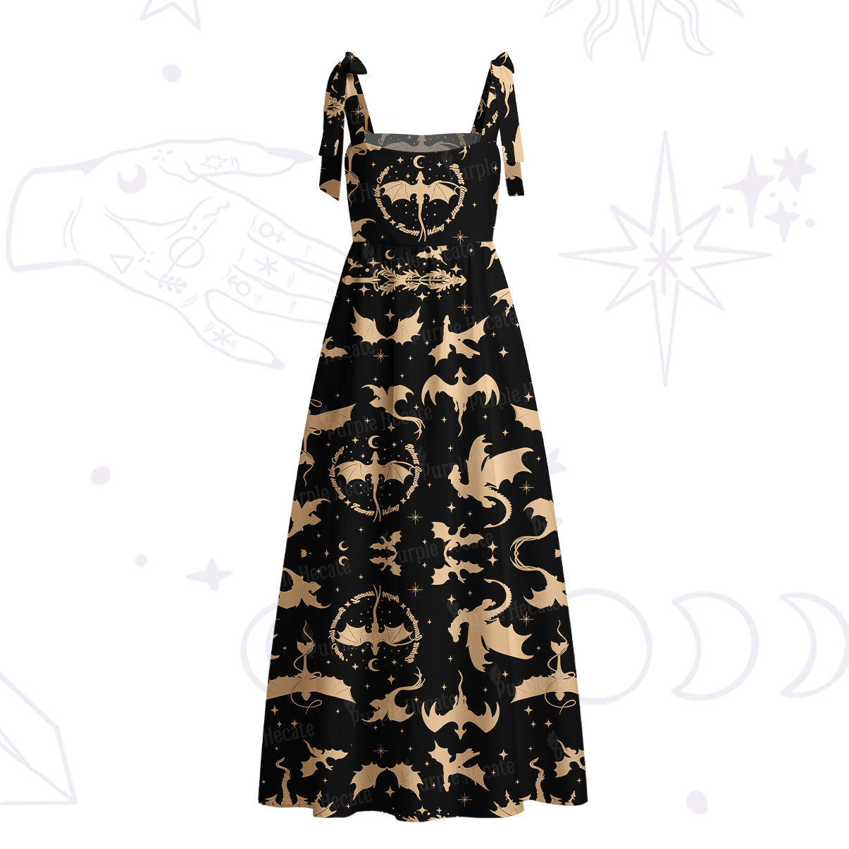 Purplehecate Fantasy Dragon Allover Tie Shoulder Maxi Dress