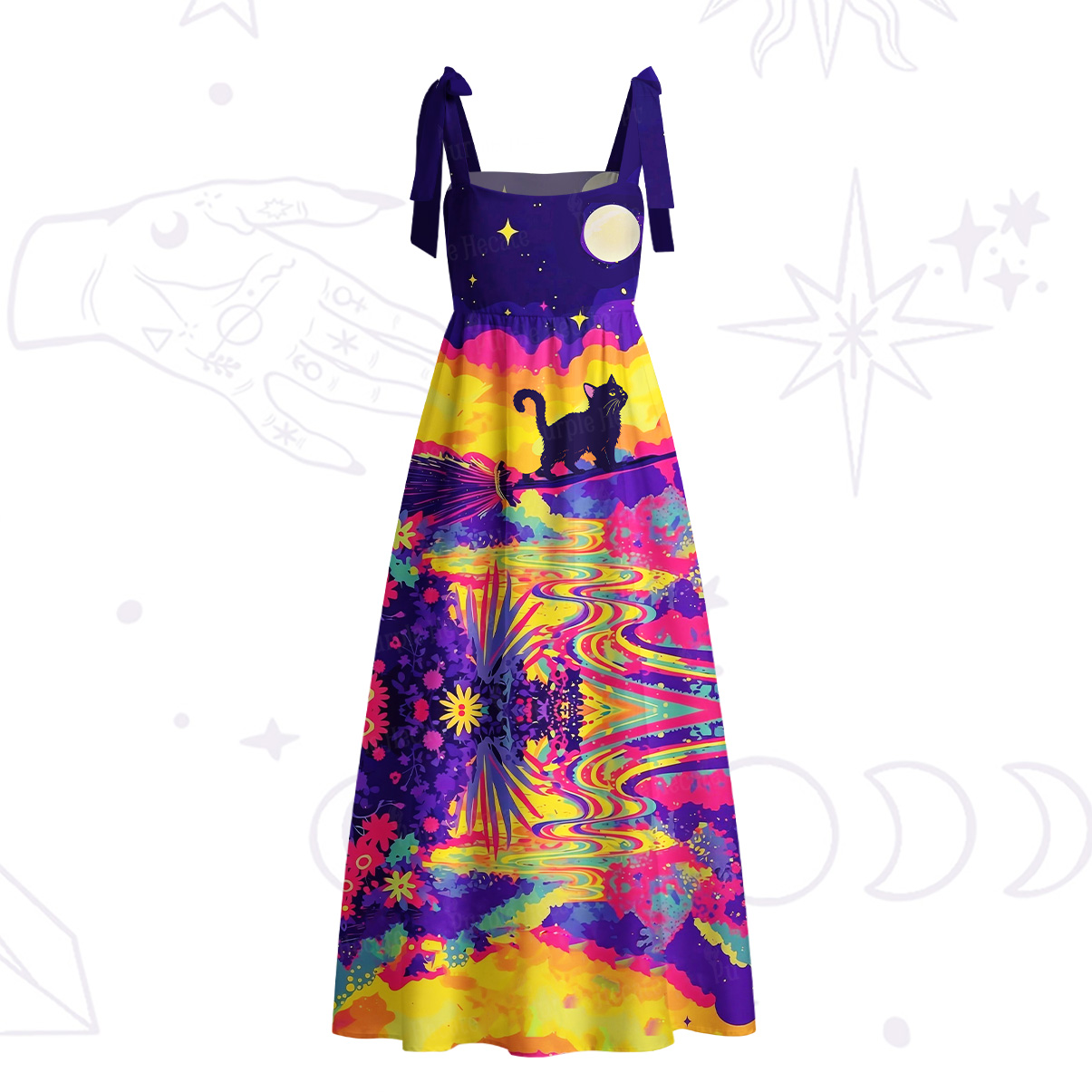 Purplehecate Midnight Cosmic Cat Fantasy Tie Shoulder Maxi Dress