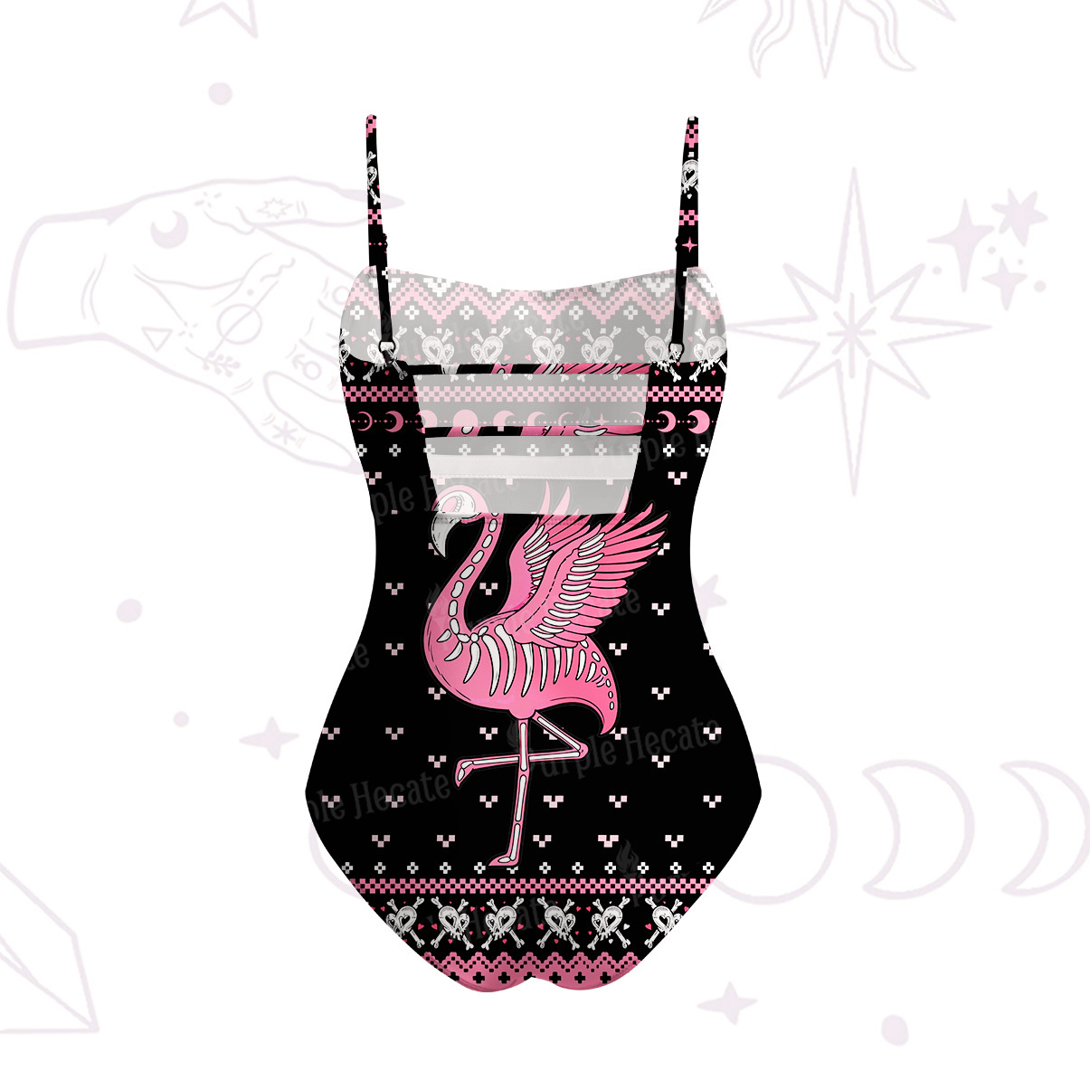 Purplehecate Witchy Pink Flamingo Skull Slim-Strap Swimsuit