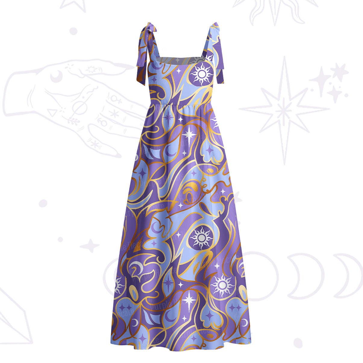 Purplehecate Divination Night Print Tie Shoulder Maxi Dress
