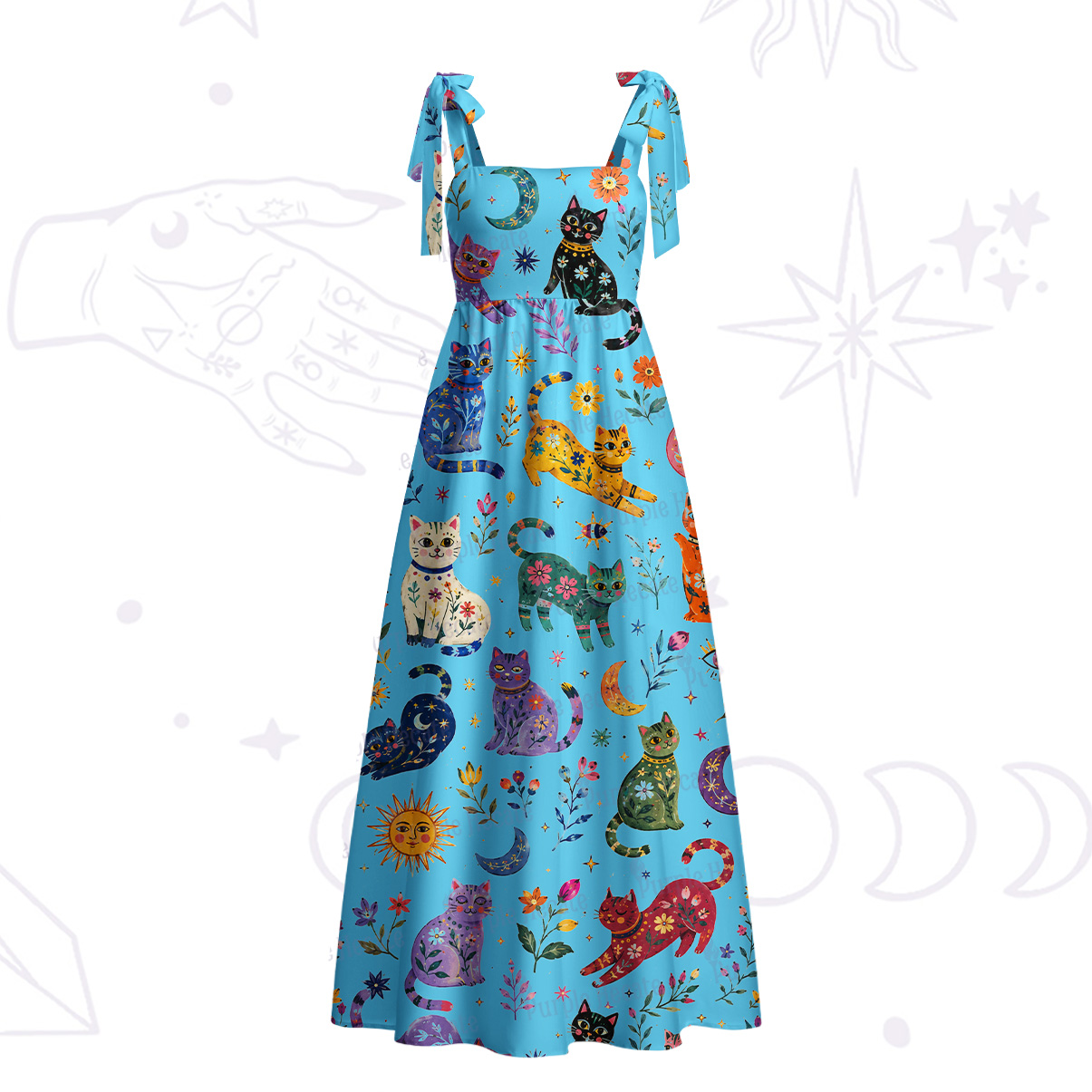 Purplehecate Rainbow Magic Cats Tie Shoulder Maxi Dress