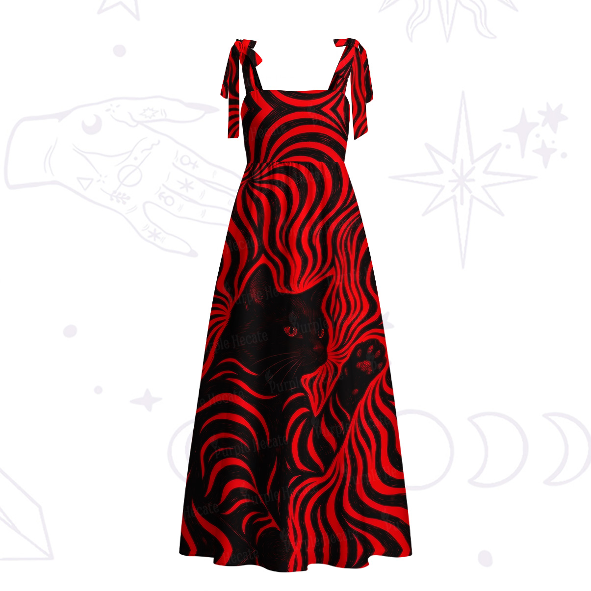 Purplehecate Psychedelic Cat Tie Shoulder Maxi Dress