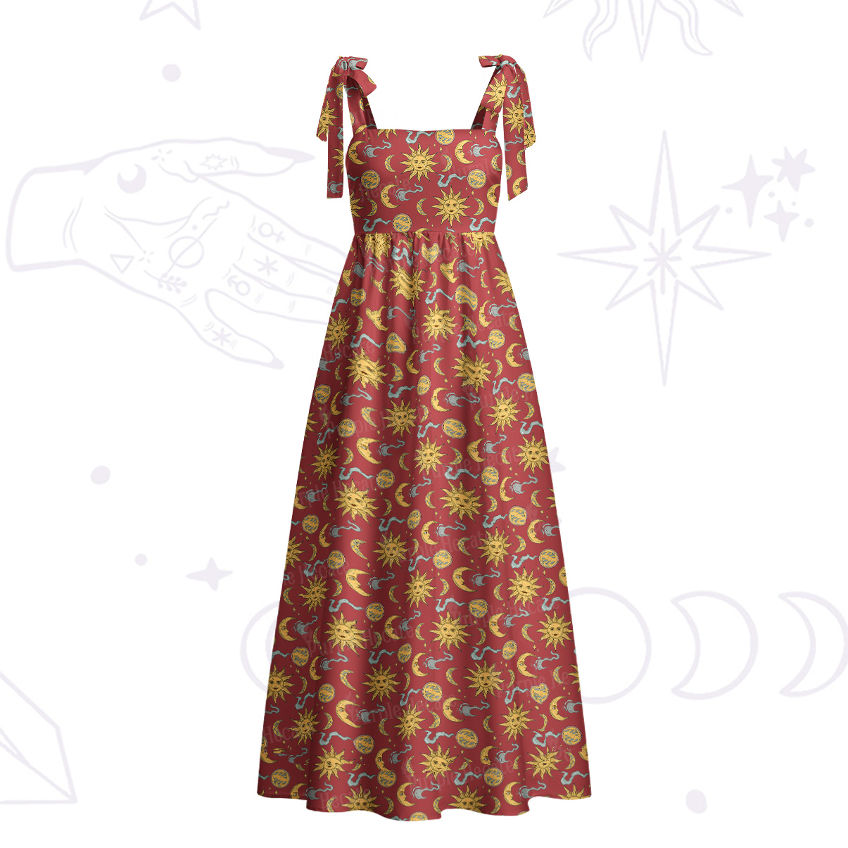 Purplehecate Magic of Sun and Moon Tie Shoulder Maxi Dress
