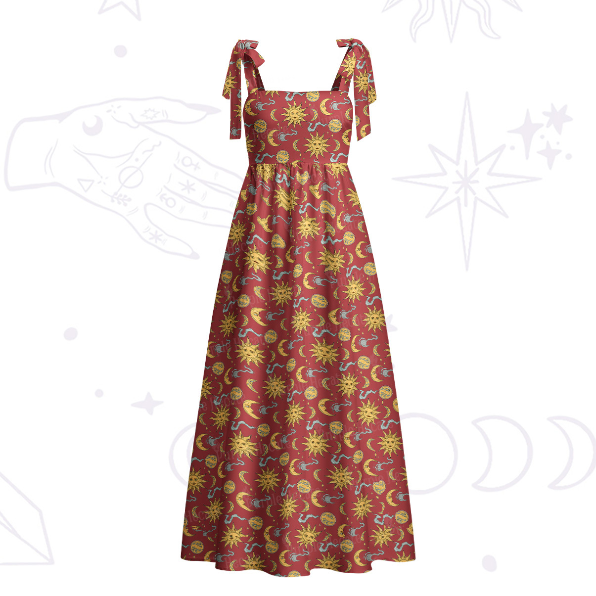Purplehecate Magic of Sun and Moon Tie Shoulder Maxi Dress