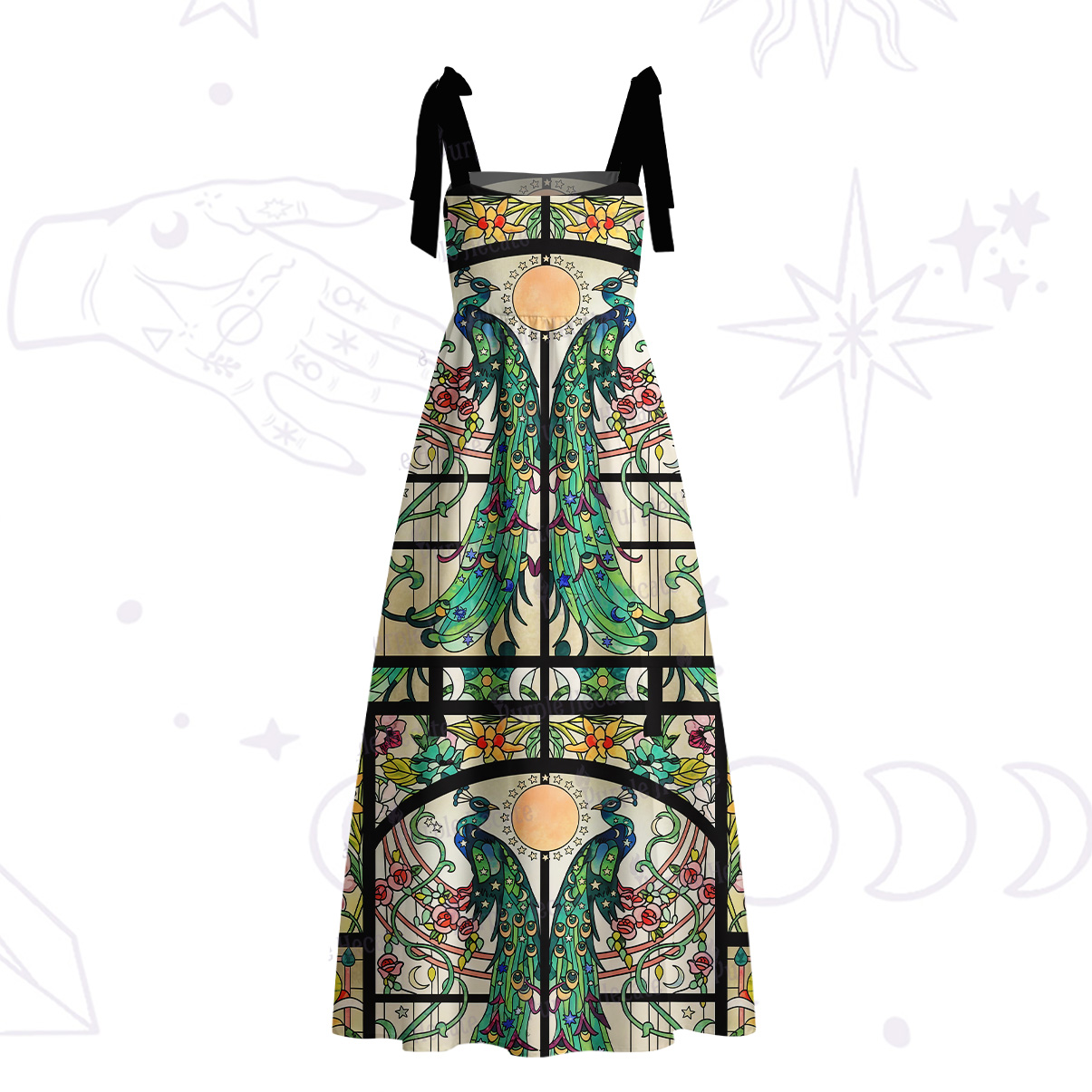 Purplehecate Mystic Peacock Stained Glass Tie Shoulder Maxi Dress