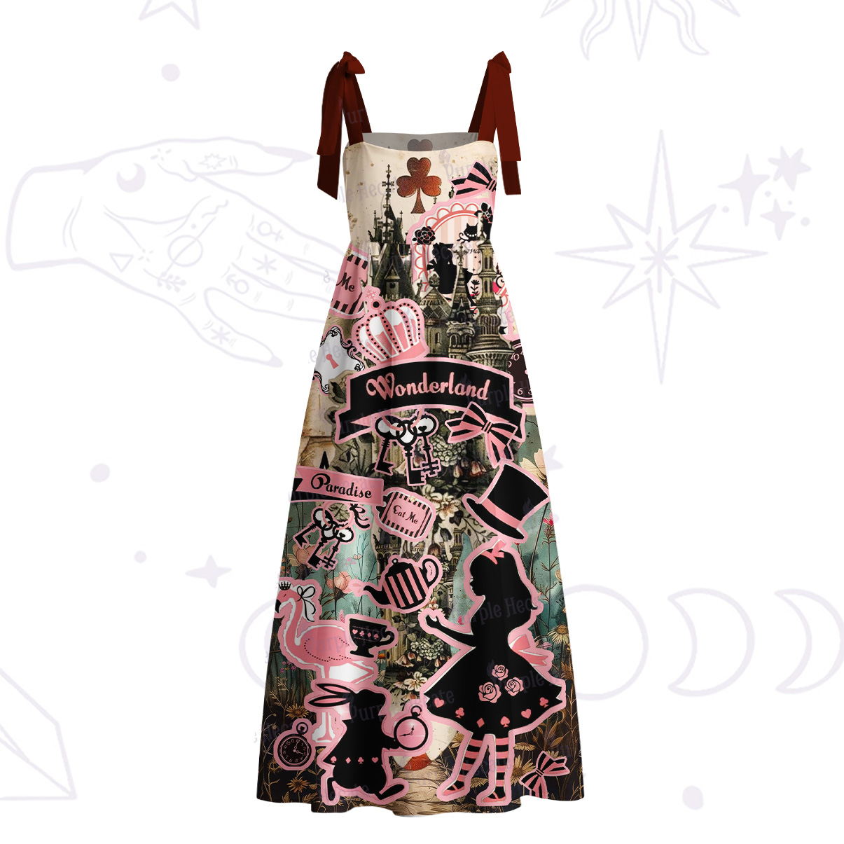 Purplehecate Wonderland Alice’s Tea Party Tie Shoulder Maxi Dress