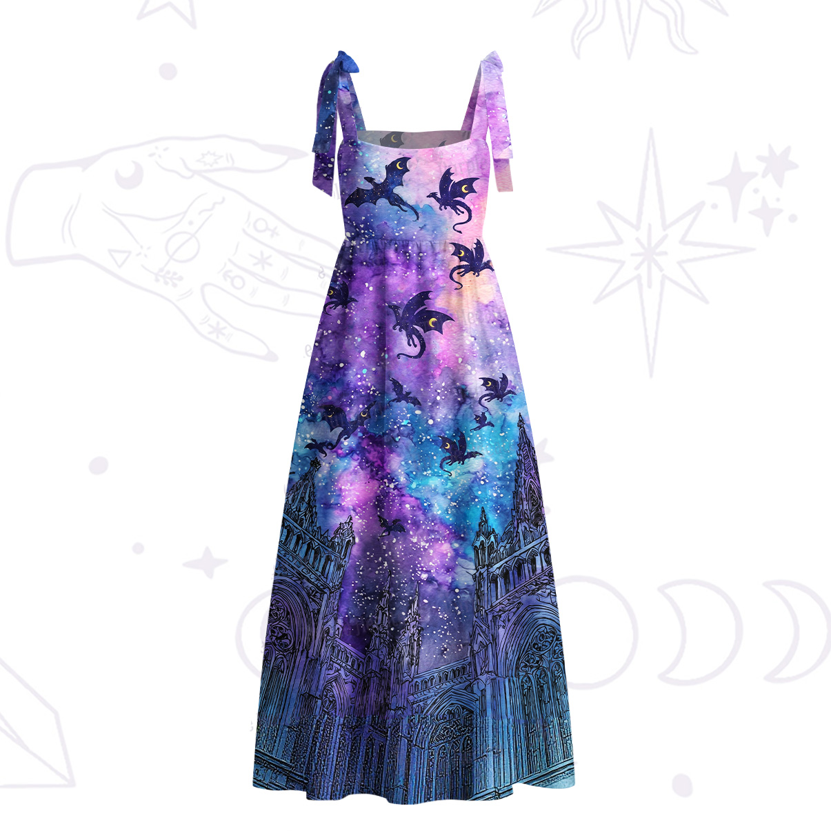 Purplehecate Cosmic Dragon Gothic Cathedra Tie Shoulder Maxi Dress
