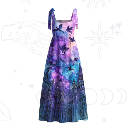 Purplehecate Cosmic Dragon Gothic Cathedra Tie Shoulder Maxi Dress