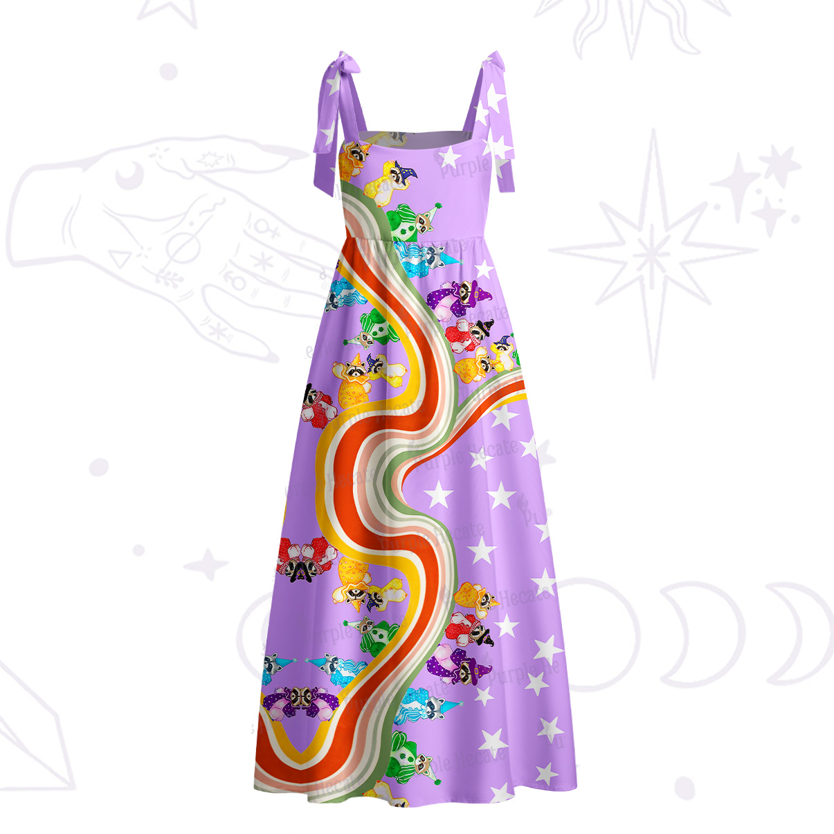 Purplehecate Rainbow Raccoon Star Tie Shoulder Maxi Dress