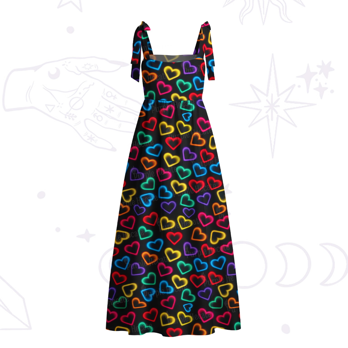 Purplehecate Neon Heart Tie Shoulder Maxi Dress