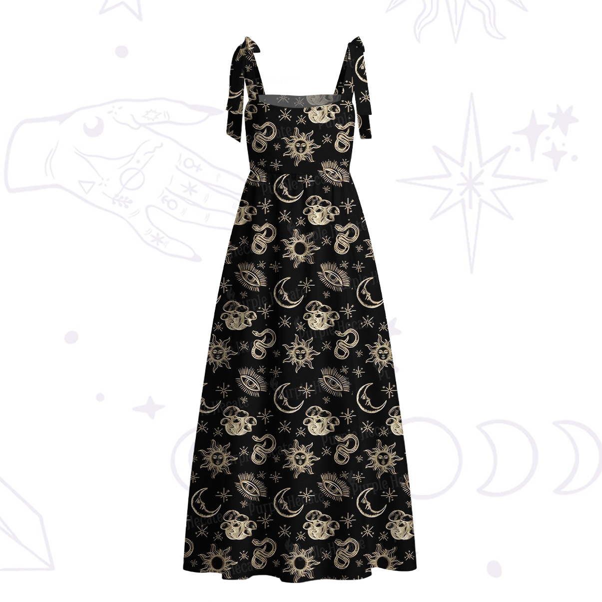 Purplehecate Celestial Moon Serpent Tie Shoulder Maxi Dress