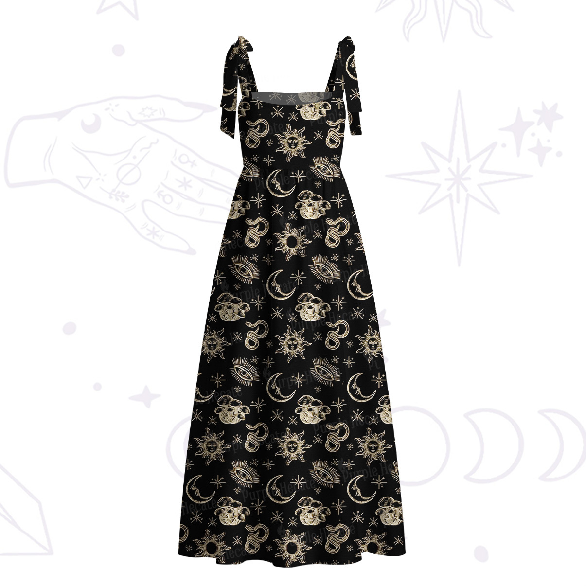 Purplehecate Celestial Moon Serpent Tie Shoulder Maxi Dress