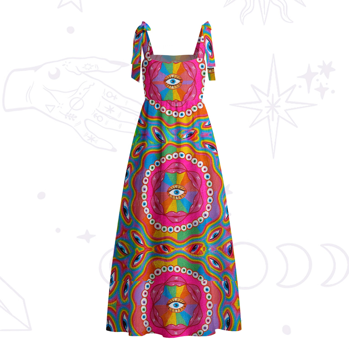 Purplehecate Chromatic Dreamwave Eye Tie Shoulder Maxi Dress