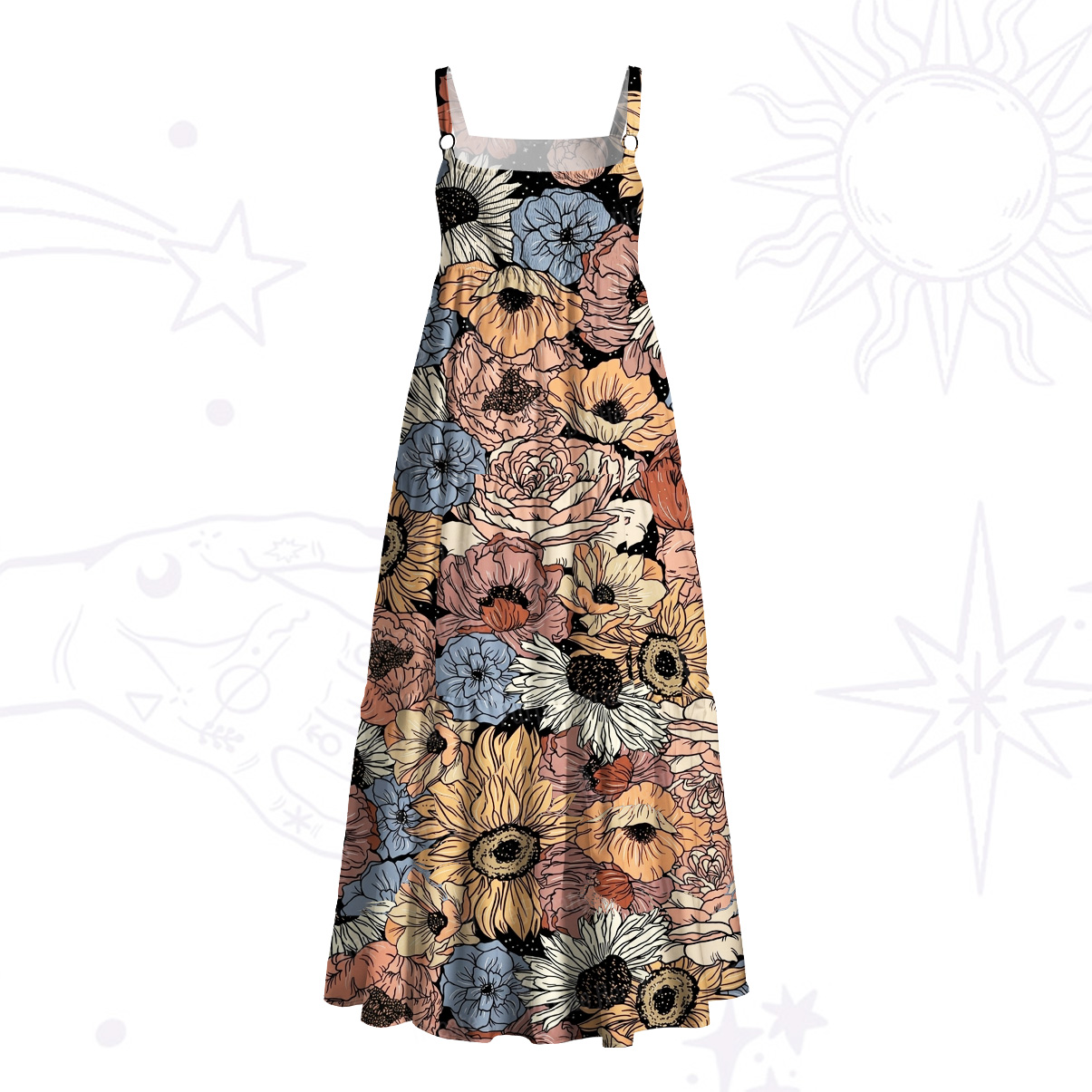 Purplehecate Vintage Bloom Garden Wide Straps Maxi Dress